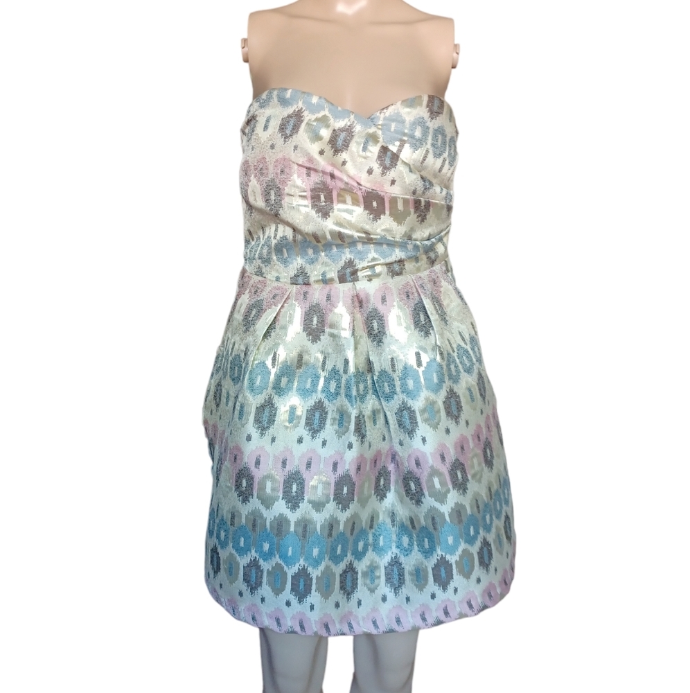 Karlie Womens Strapless Multicolor Geometric Mini Sheath Dress Pockets Large